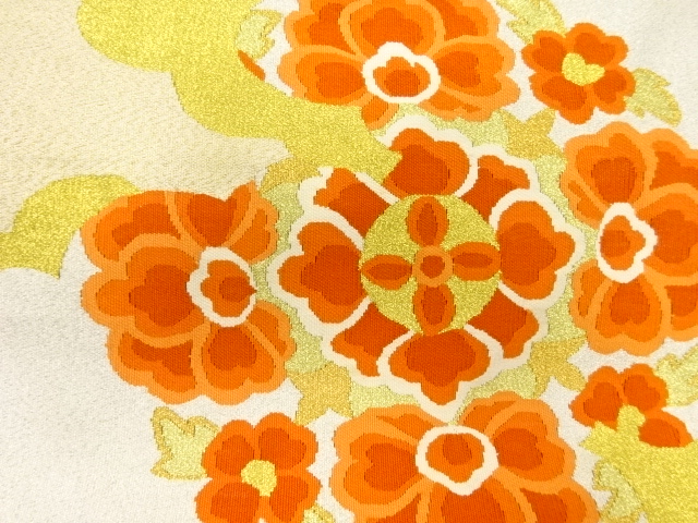 アンティーク　綴れ雲に花模様織出し名古屋帯